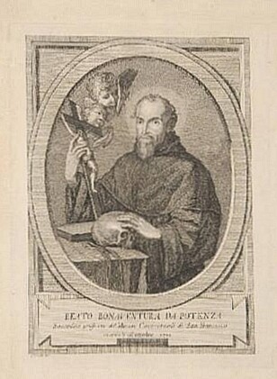 Grabado del beato Buenaventura de Potenza con un libro y una pluma