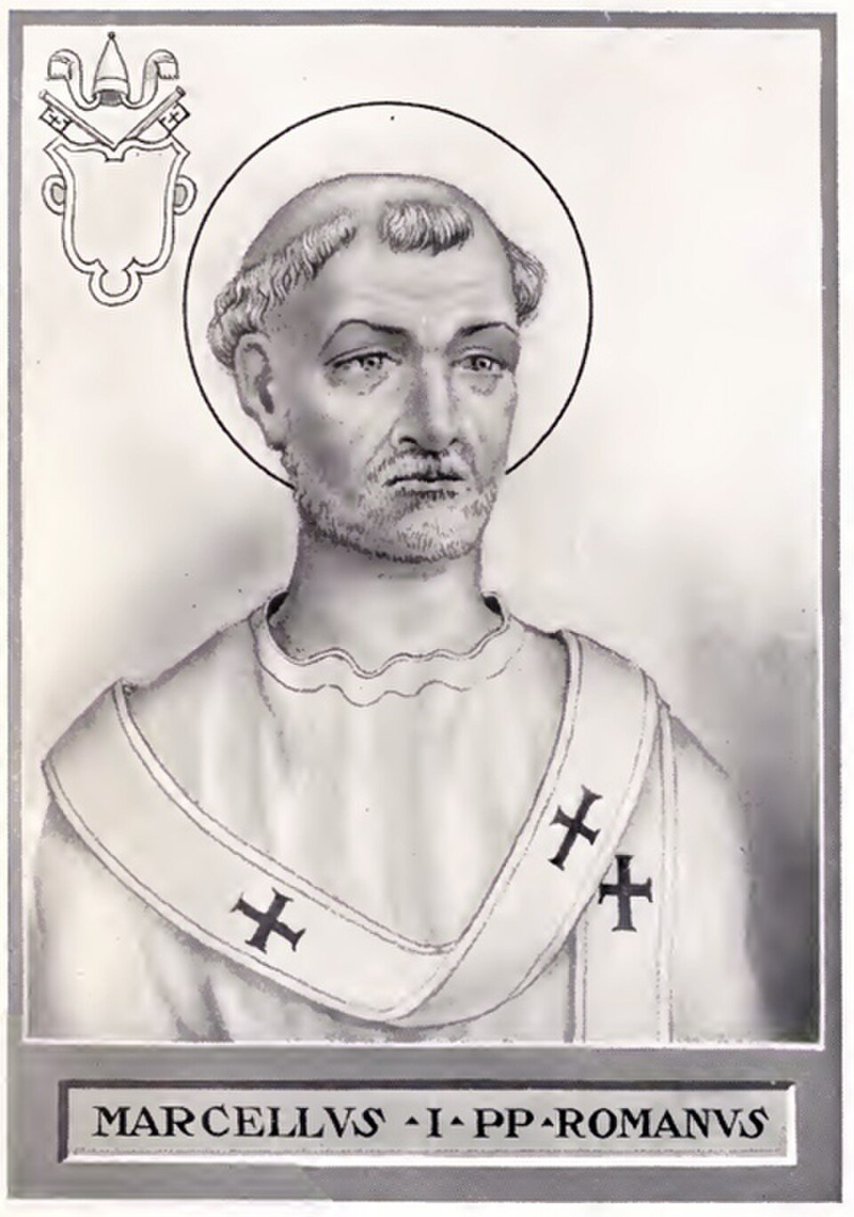 Grabado del papa san Marcelo I con aureola y palio con cruces, bajo la inscripción MARCELLVS I PP ROMANVS