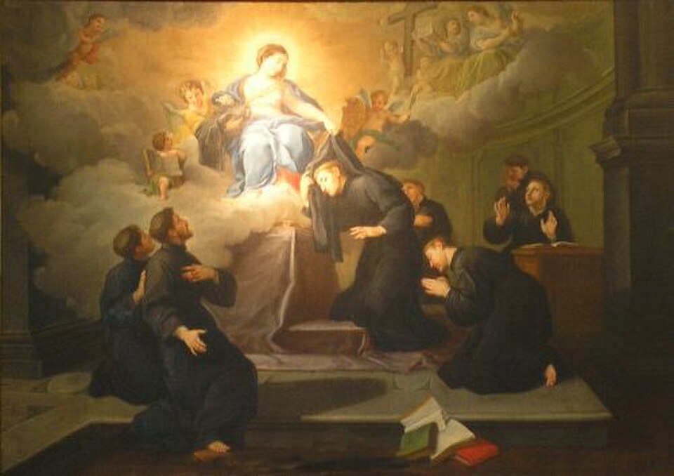 Pintura de los Siete Santos Fundadores servitas con hábito negro, arrodillados ante la Virgen María entre nubes y ángeles