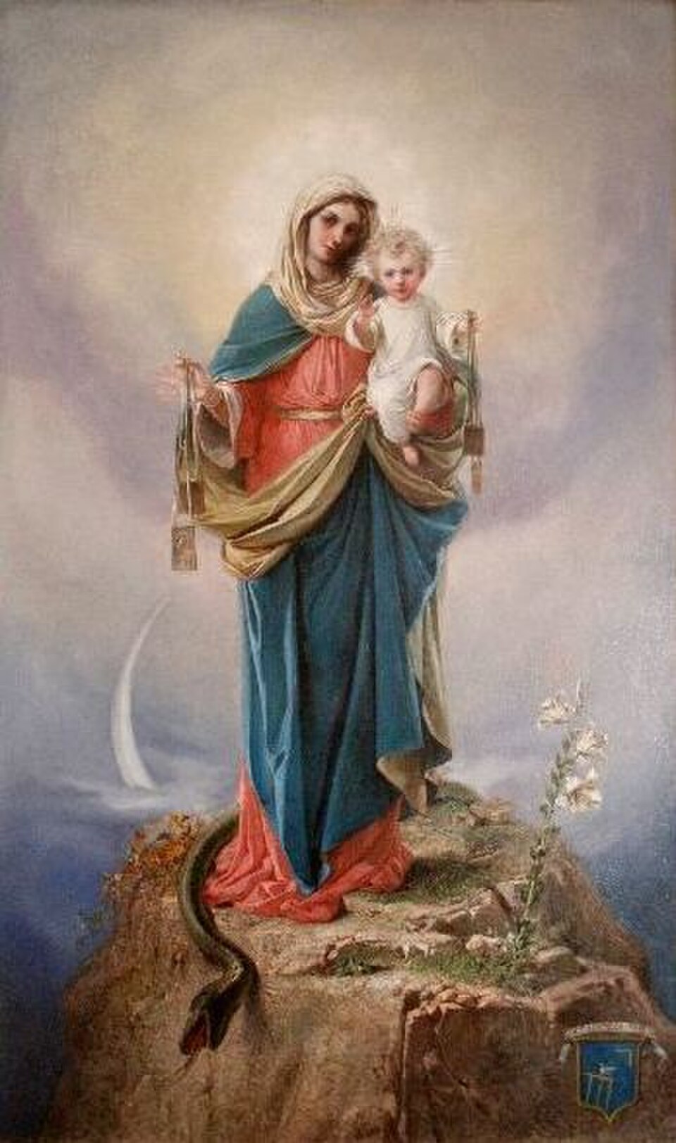 Pintura de Nuestra Señora del Monte Carmelo con el Niño en brazos, sosteniendo escapularios sobre una roca con una serpiente
