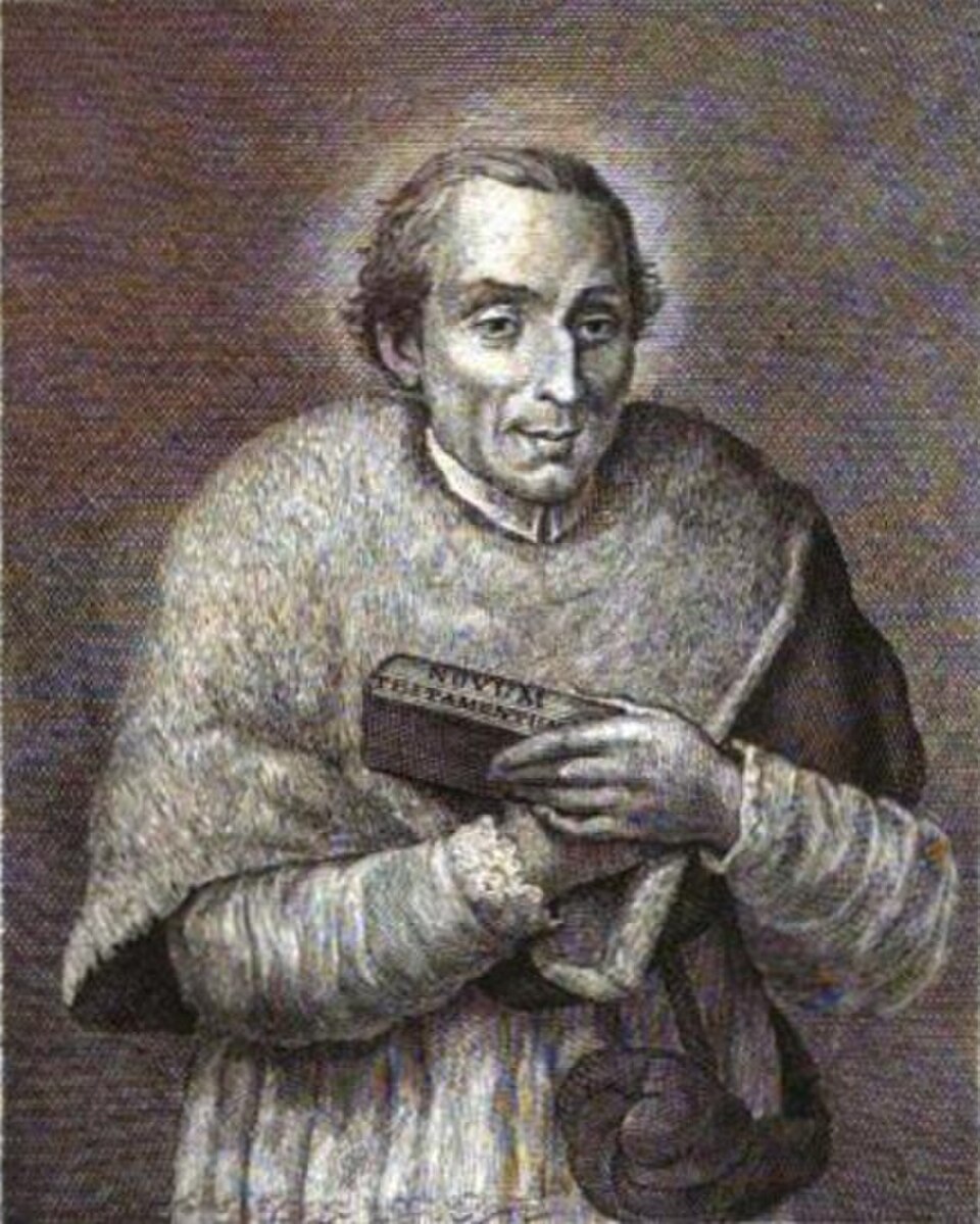 Grabado de san Juan Bautista de Rossi con muceta, sosteniendo un libro con la inscripción Novum Testamentum