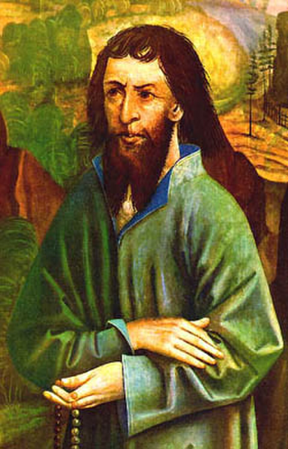 Pintura de san Nicolás de Flüe con barba y cabello largo, túnica verde y rosario entre las manos