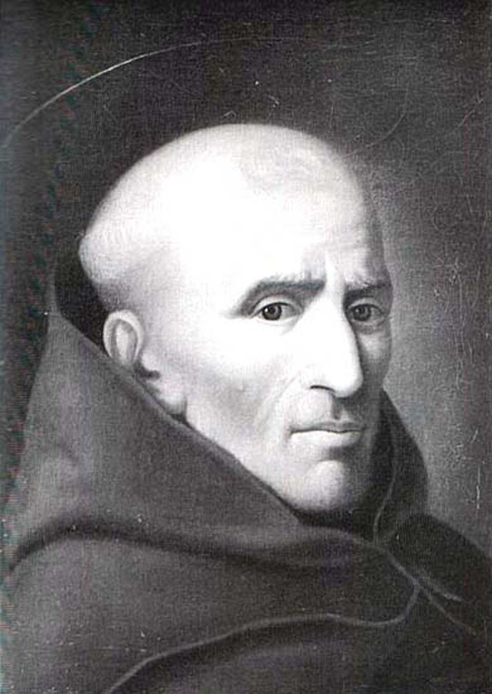 Retrato en blanco y negro de san Leonardo de Porto Maurizio con la cabeza rapada y hábito con capucha