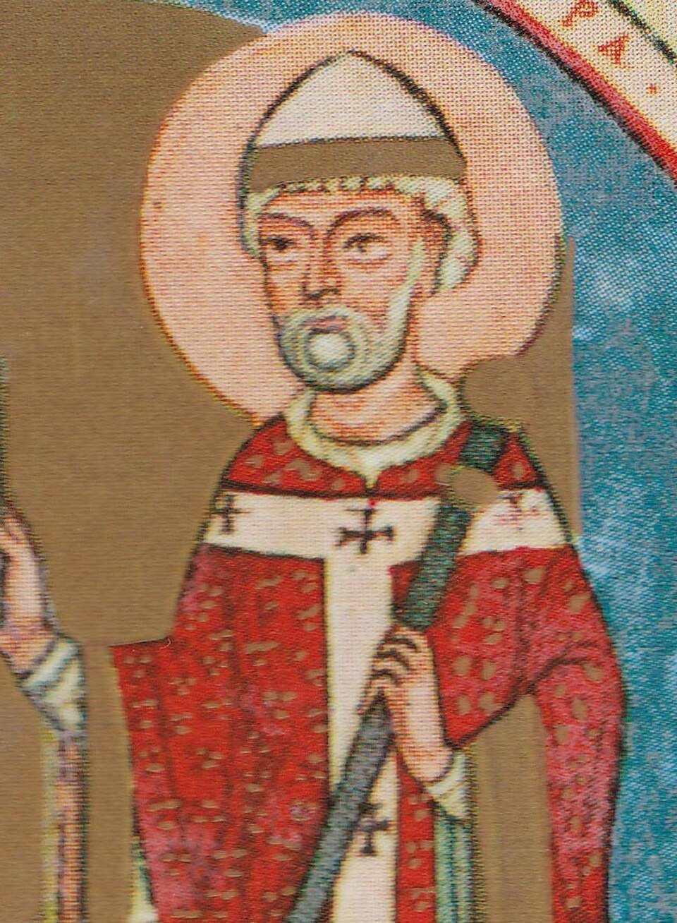 Miniatura del papa san Dámaso I con aureola, mitra blanca y casulla roja con palio de cruces