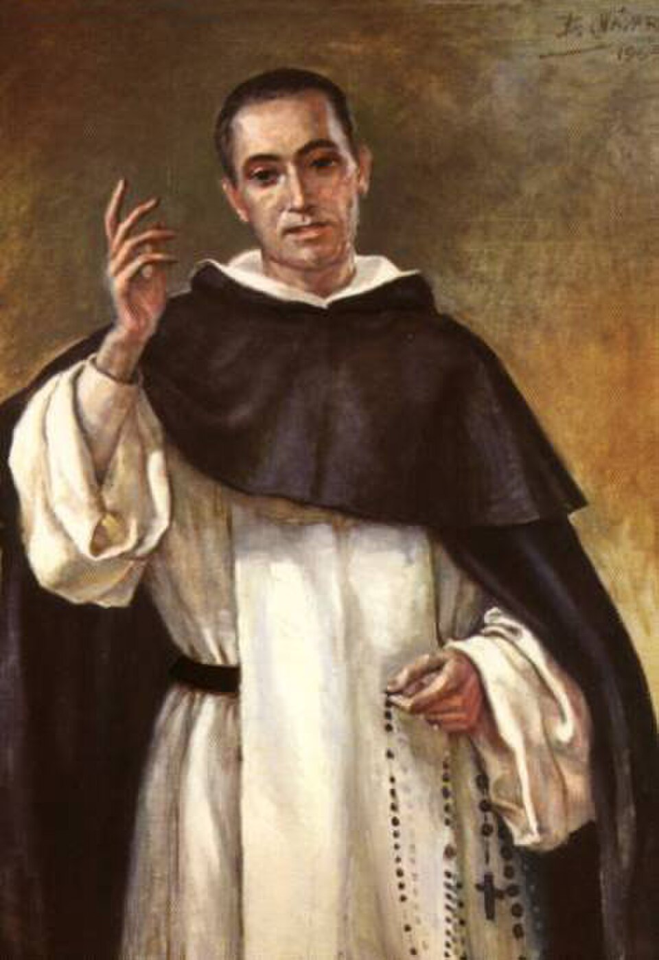 Pintura de san Francisco Coll con hábito dominico blanco y negro, bendiciendo y sosteniendo un rosario