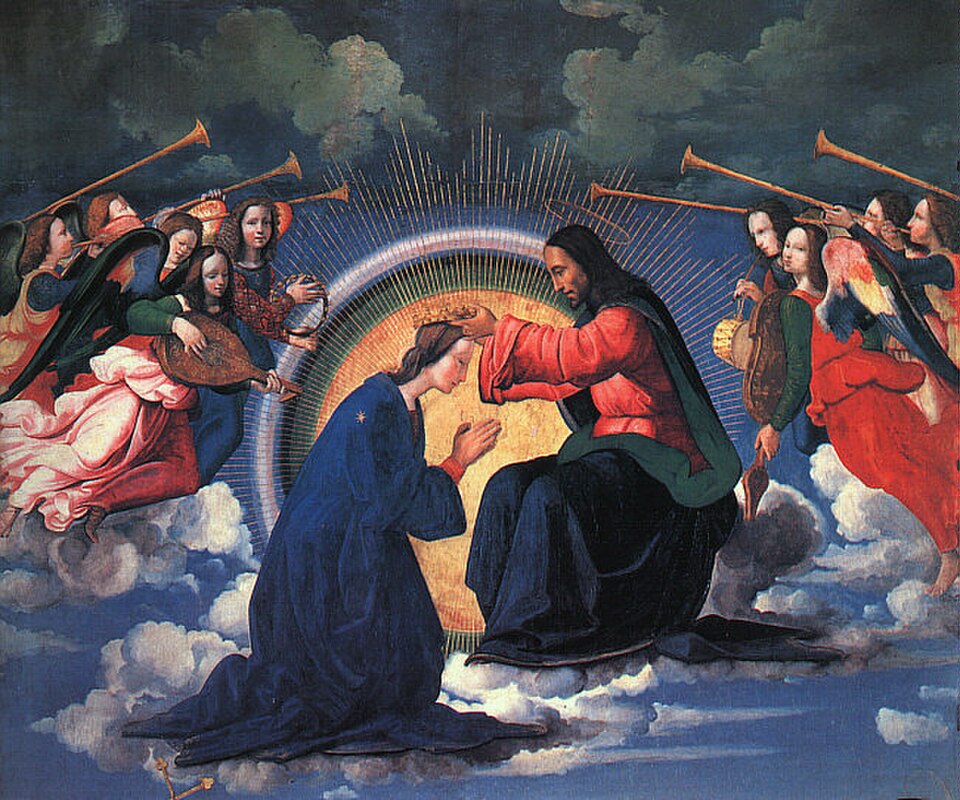 Pintura de la Santísima Virgen María arrodillada con manto azul, coronada por Cristo entre ángeles músicos