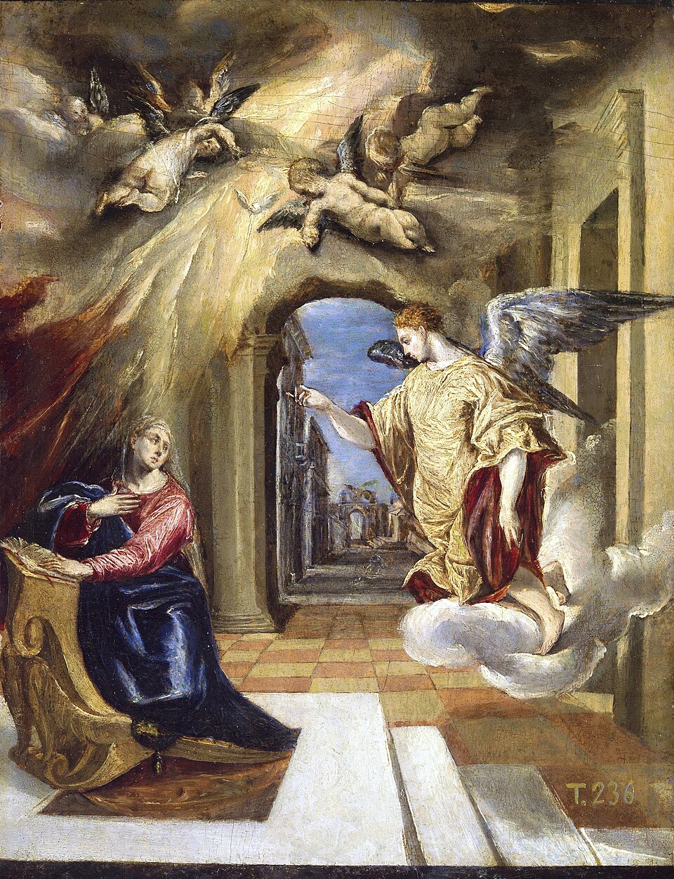 Pintura de la Anunciación: el ángel Gabriel sobre una nube saluda a la Virgen María, arrodillada ante un atril