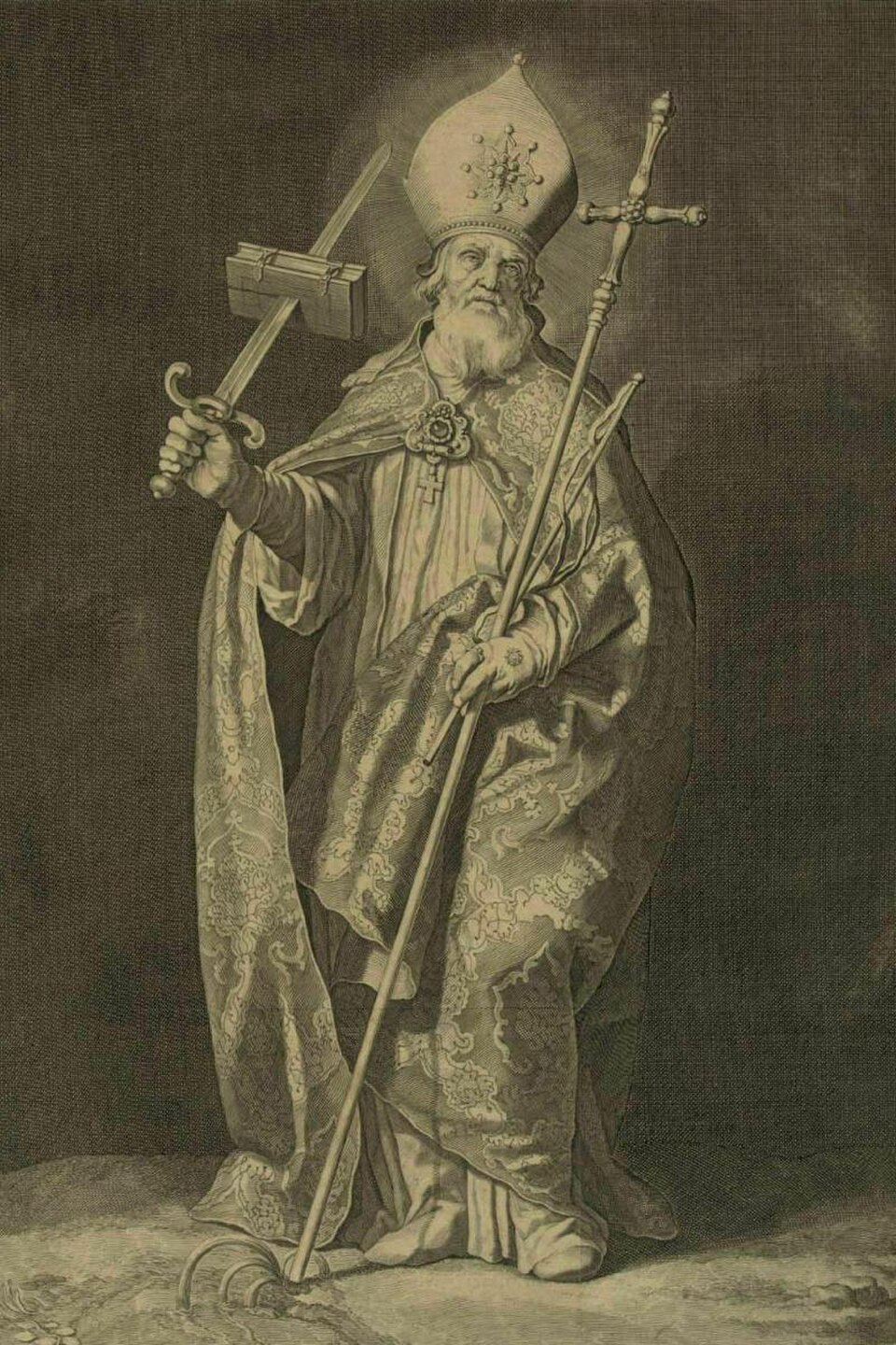 Grabado de san Bonifacio anciano con mitra y cruz procesional, sosteniendo una espada que atraviesa un libro