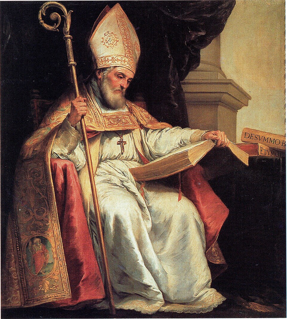 Pintura de san Isidoro anciano sentado con mitra, báculo y capa dorada, hojeando un gran libro abierto