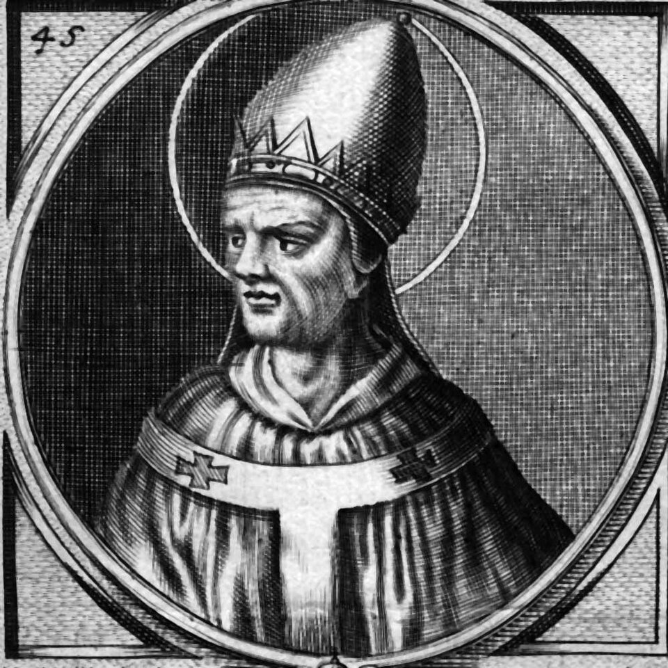 Grabado en blanco y negro de san Sixto III con tiara papal, aureola y palio, dentro de un medallón