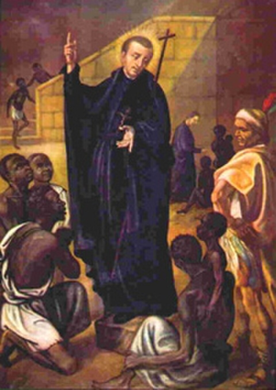 Pintura de san Pedro Claver con sotana negra y cruz, predicando entre esclavos africanos sentados a sus pies
