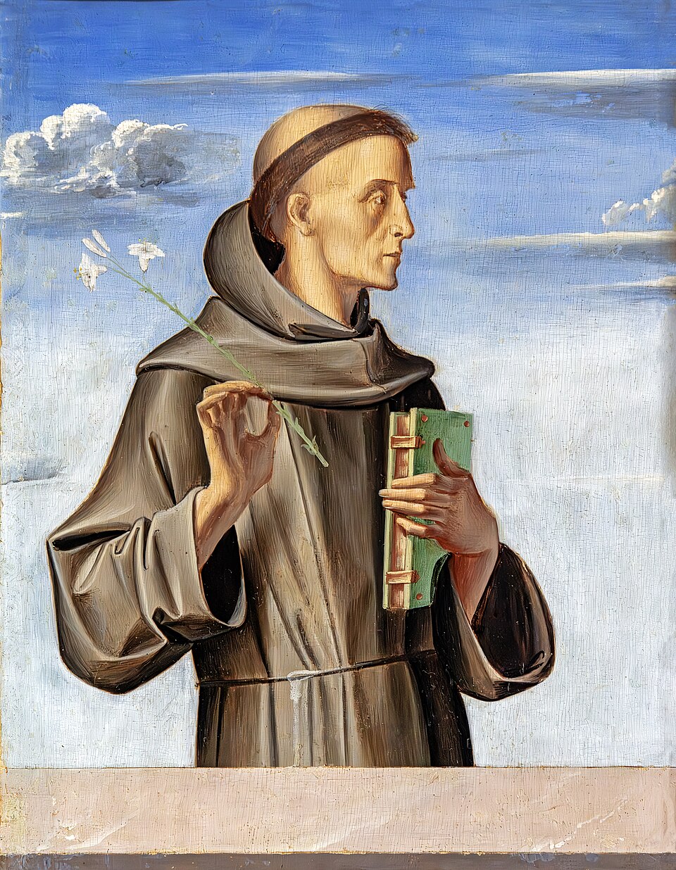 Pintura de san Antonio de Padua con hábito franciscano, sosteniendo un lirio blanco y un libro verde