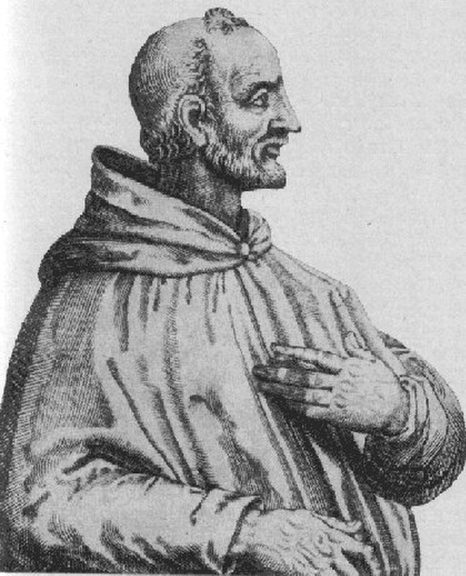 Grabado en blanco y negro del beato Eugenio III de perfil, con tonsura, barba, hábito y mano en el pecho