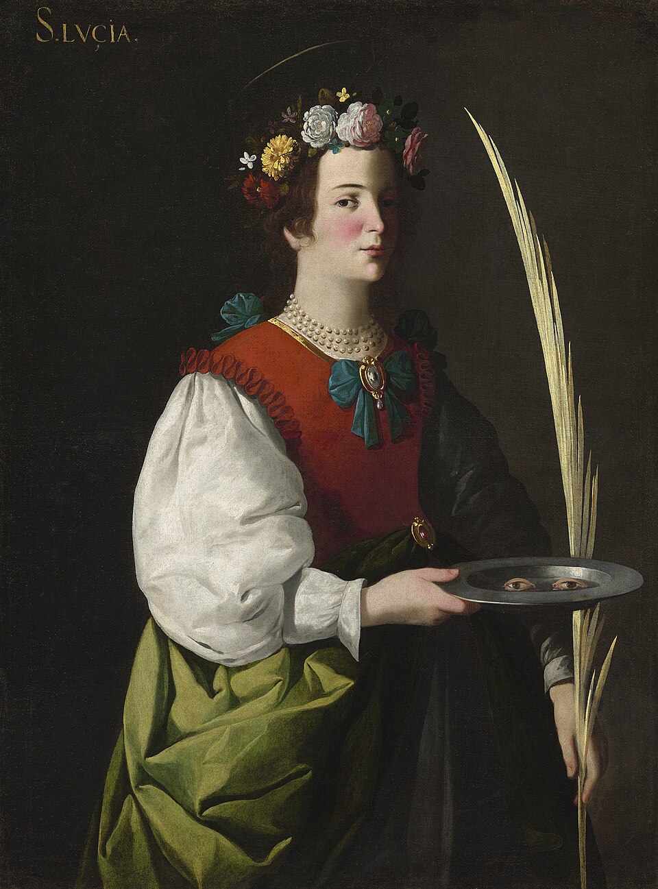 Pintura de santa Lucía con corona de flores, collar de perlas, palma y un plato con dos ojos
