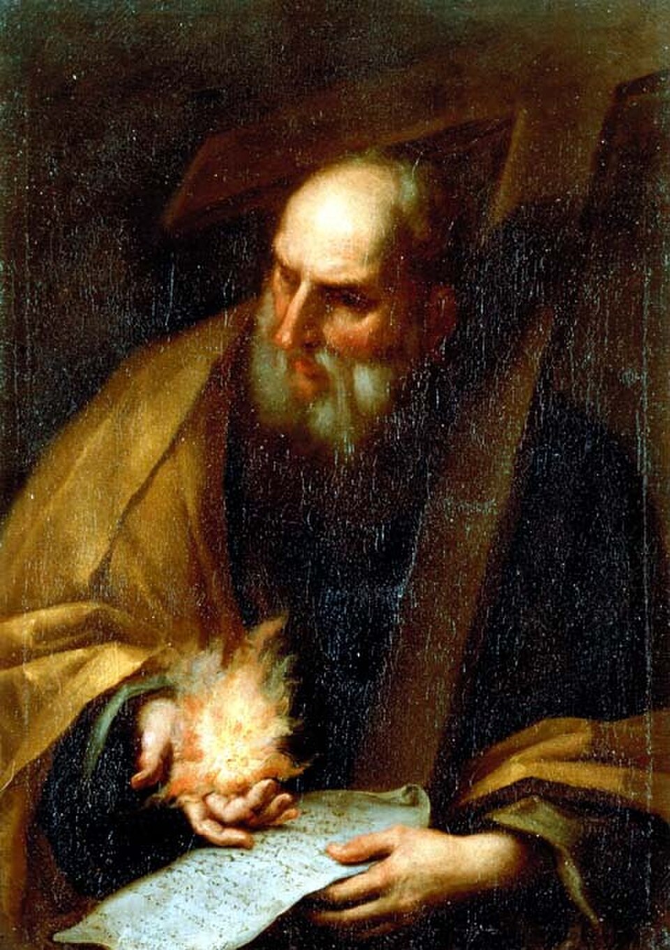 Pintura de san Bernabé con barba canosa y manto ocre, sosteniendo una llama sobre un papel escrito