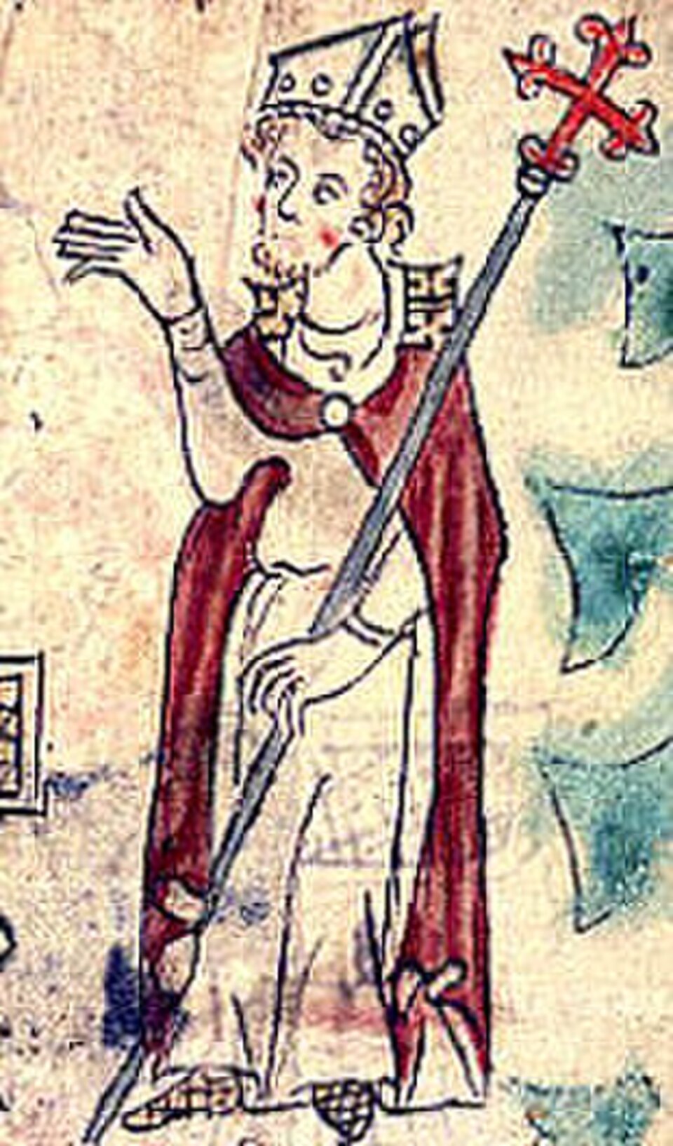 Miniatura medieval de santo Tomás Becket con mitra, capa roja y báculo de cruz, alzando la mano derecha