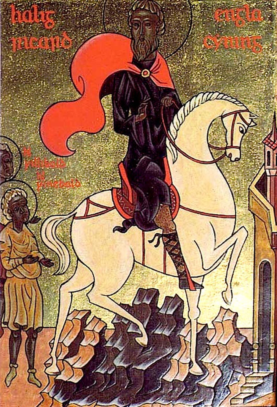 Icono de san Ricardo con barba y capa roja montado en un caballo blanco, junto a dos santos jóvenes