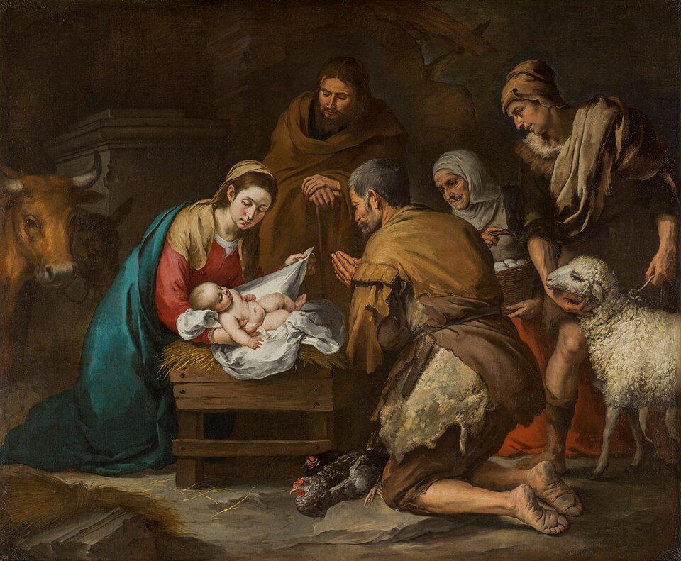 Pintura del Nacimiento: la Virgen descubre al Niño en el pesebre ante san José, pastores, un buey y un cordero