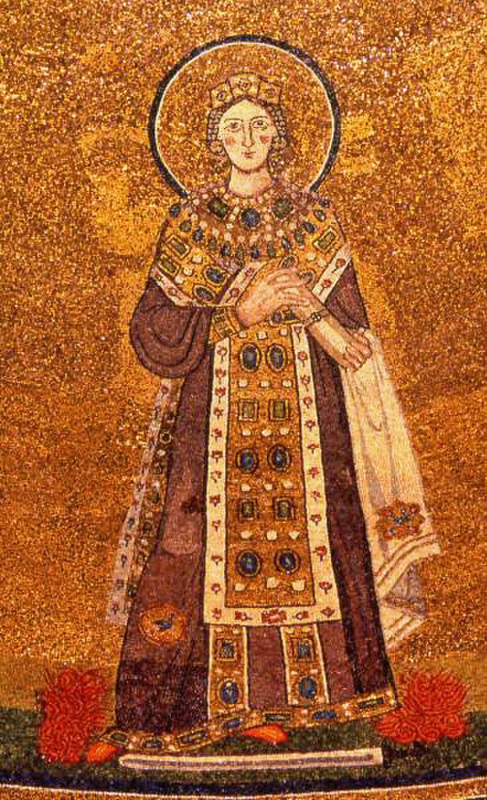Mosaico bizantino de santa Inés con corona, aureola y vestido enjoyado sobre fondo dorado, con llamas rojas a sus pies