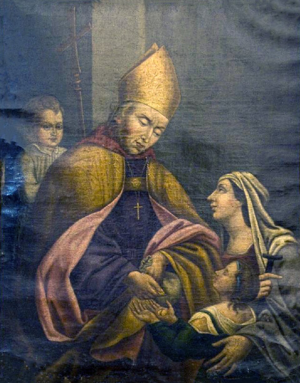 Pintura de santo Tomás de Villanueva con mitra dorada, inclinado hacia una mujer y unos niños