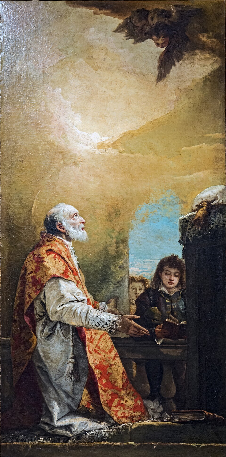 Pintura de san Felipe Neri arrodillado con casulla roja y dorada, mirando al cielo, junto a dos muchachos