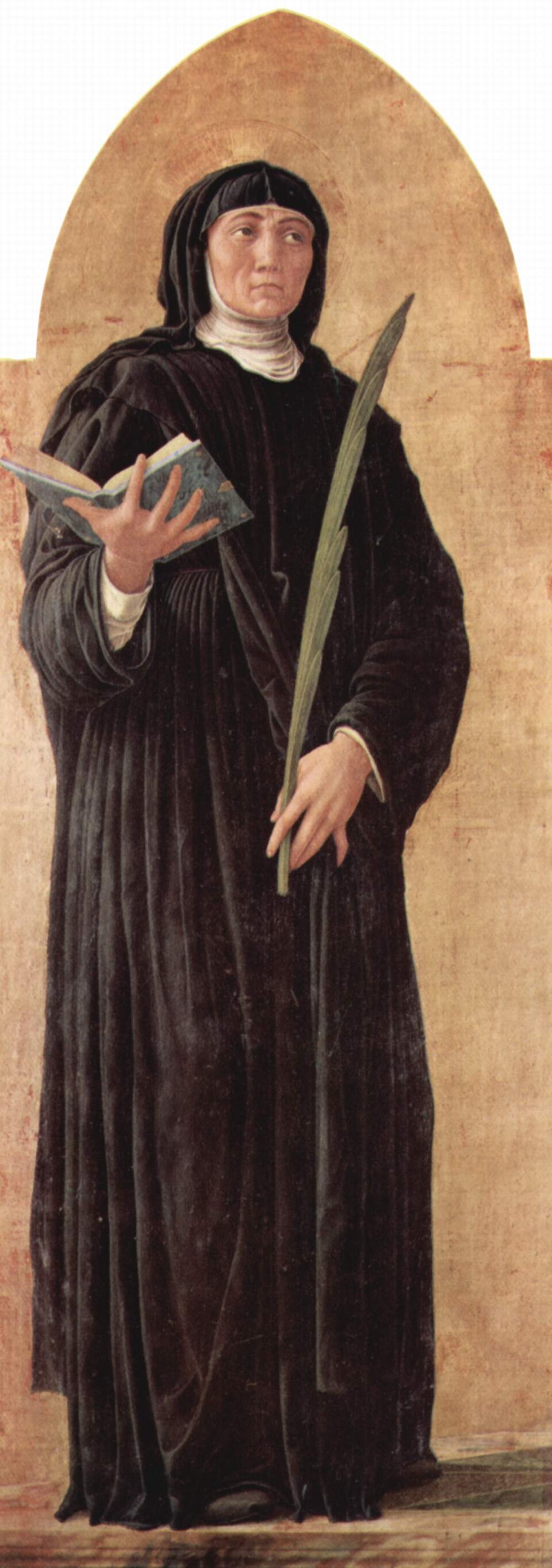 Pintura de santa Escolástica con hábito negro y toca blanca, sosteniendo un libro abierto y una palma