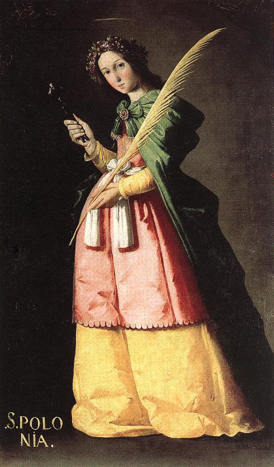 Pintura de santa Apolonia de pie con corona de flores y manto verde, sosteniendo una palma y unas tenazas