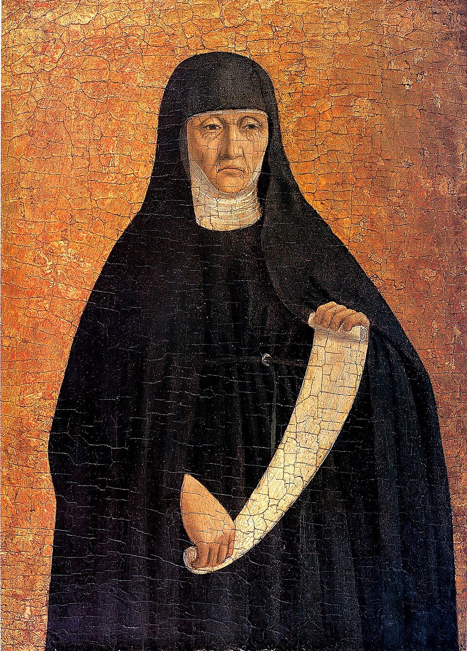 Pintura sobre tabla de santa Mónica anciana con hábito y toca negros, sosteniendo un rollo blanco