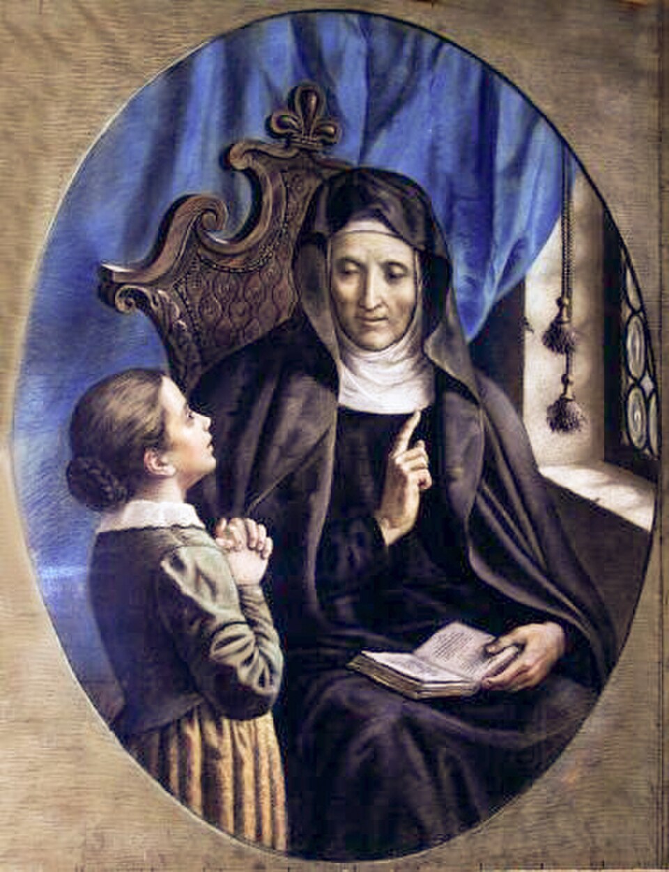 Pintura ovalada de santa Ángela Merici sentada con un libro abierto, alzando un dedo ante una niña que reza