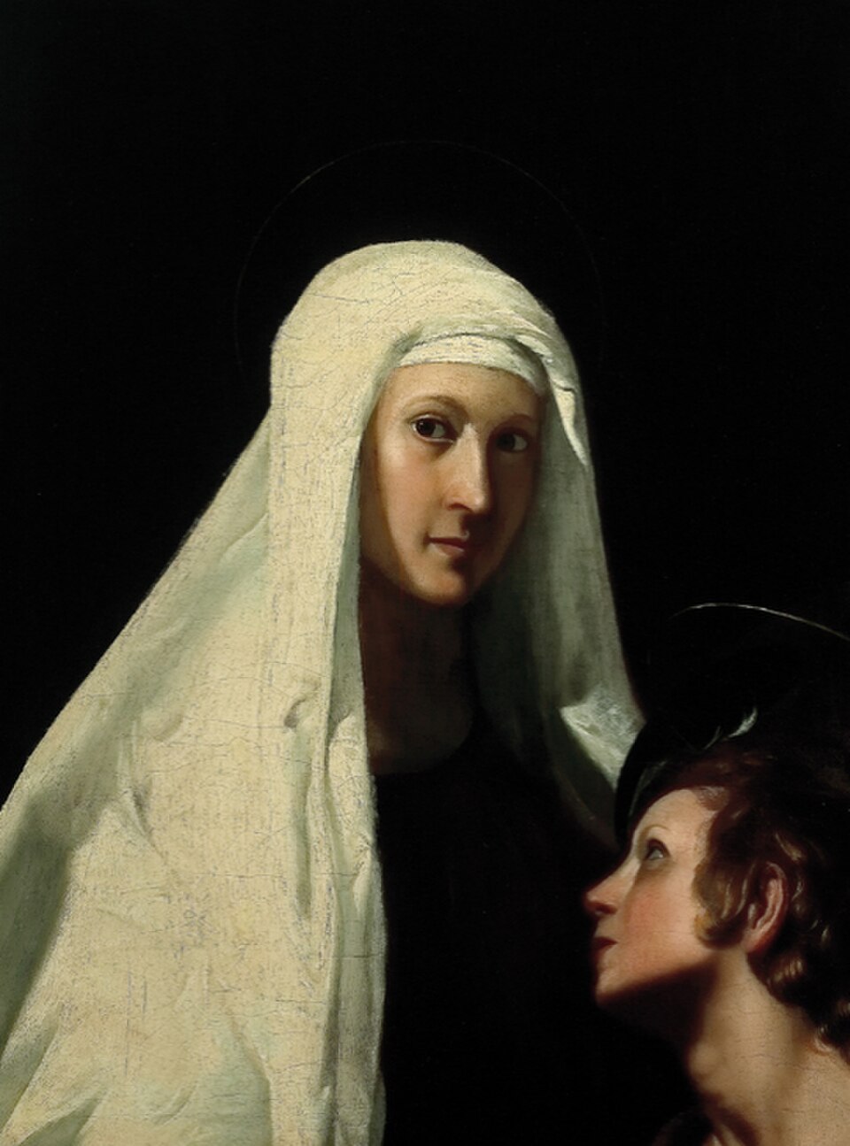 Pintura de santa Francisca Romana con velo blanco y aureola, junto a un joven con aureola que la mira