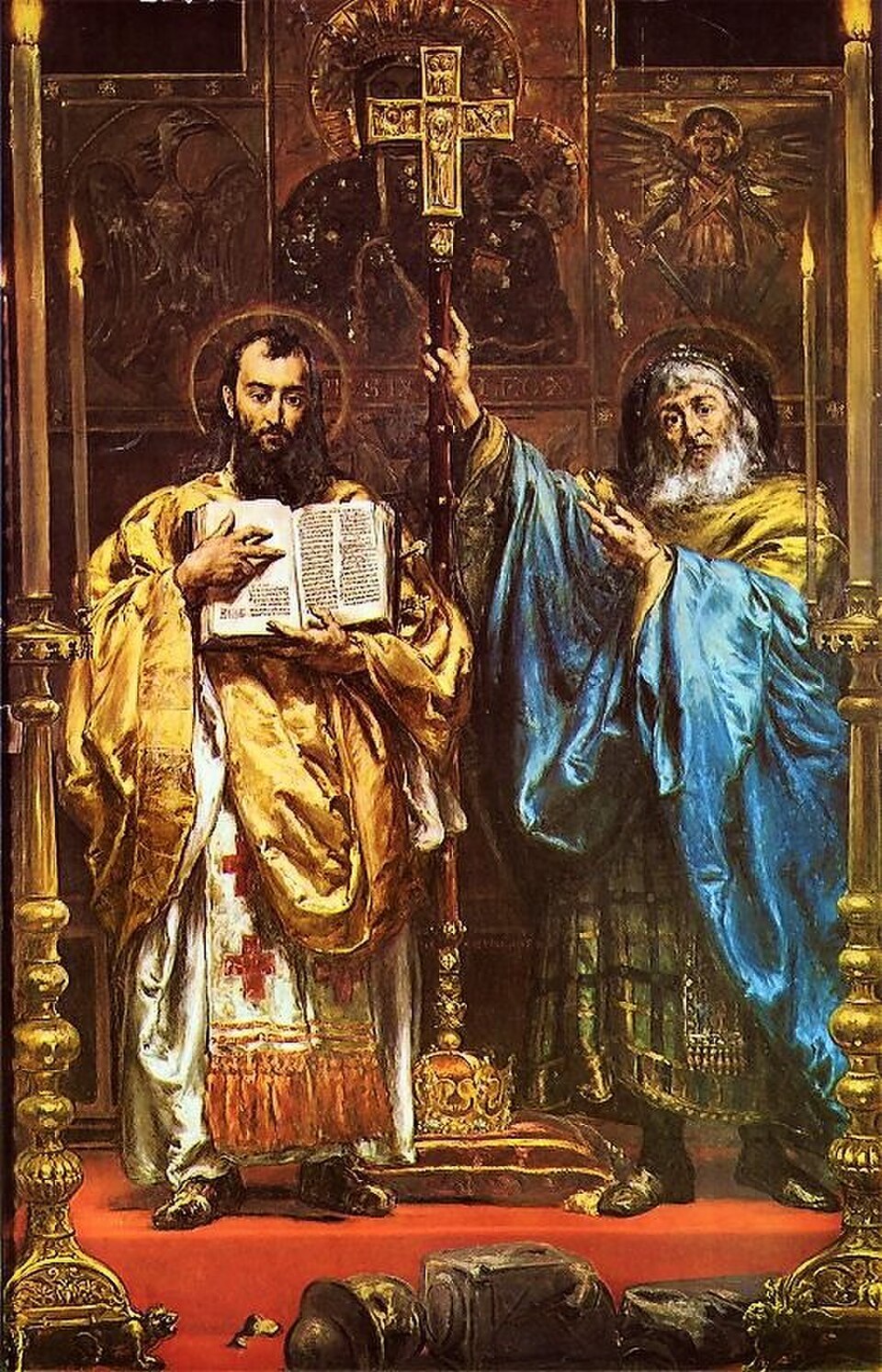 Pintura de los santos Cirilo y Metodio ante un iconostasio, uno con un libro abierto y otro alzando una cruz