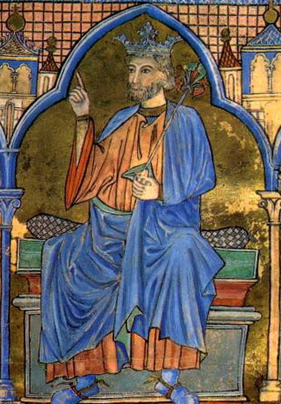 Miniatura medieval de san Fernando rey, sentado en el trono con corona, manto azul y cetro florido