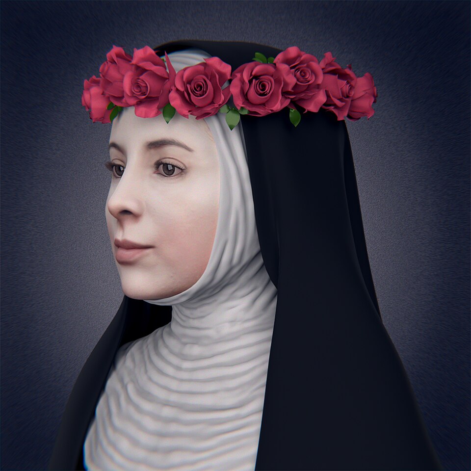 Recreación digital del rostro de santa Rosa de Lima con hábito blanco y negro y corona de rosas