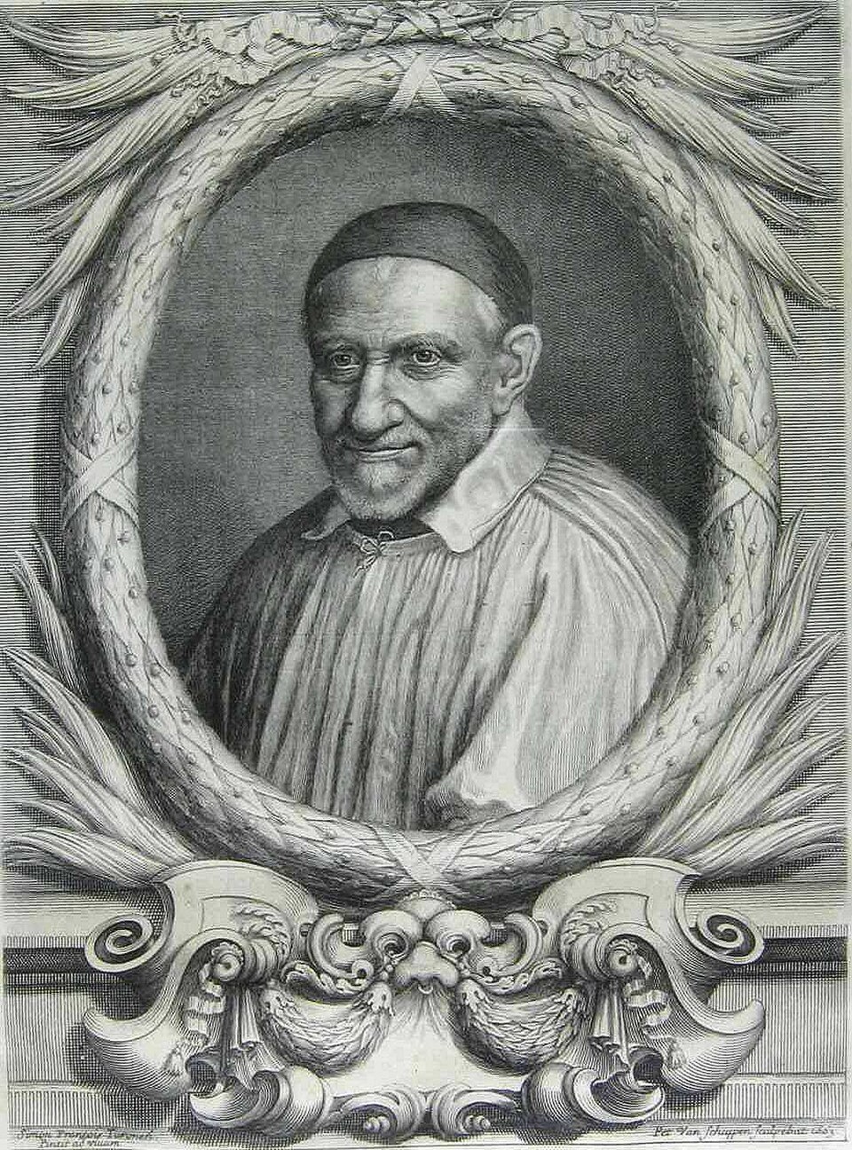 Grabado de san Vicente de Paúl anciano y sonriente, con solideo, en un marco ovalado de laurel