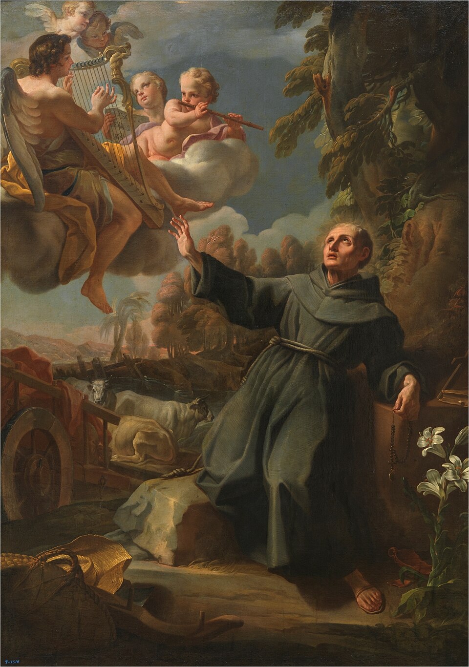 Pintura del beato Sebastián de Aparicio con hábito franciscano, mirando a unos ángeles músicos junto a unos bueyes