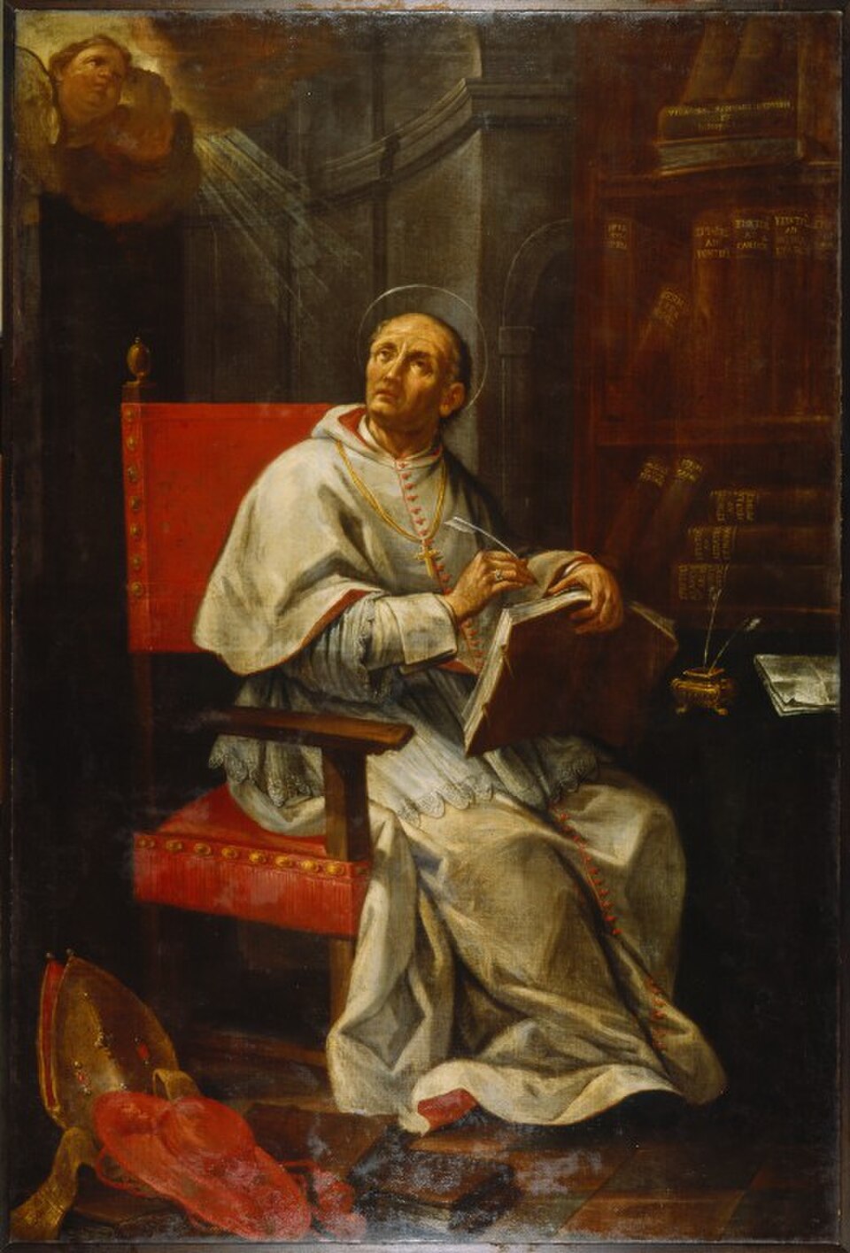 Pintura de san Pedro Damián sentado con roquete y aureola, escribiendo en un libro y mirando hacia un ángel