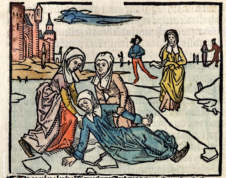 Grabado coloreado antiguo de santa Lidvina caída sobre el hielo, socorrida por dos mujeres junto a un castillo
