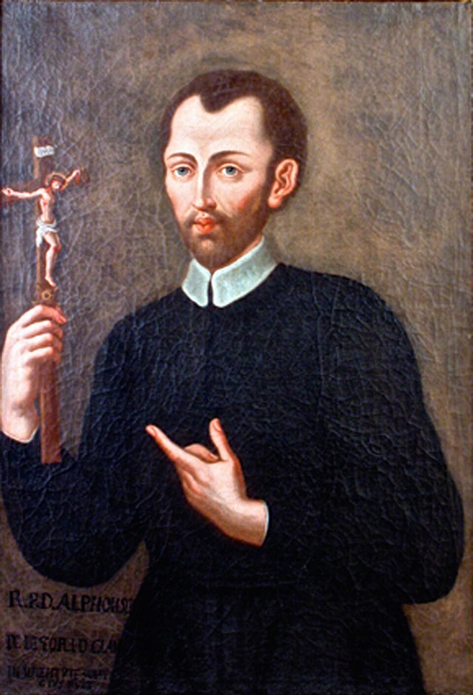 Pintura de san Alfonso María de Ligorio joven, con sotana negra y alzacuellos blanco, sosteniendo un crucifijo