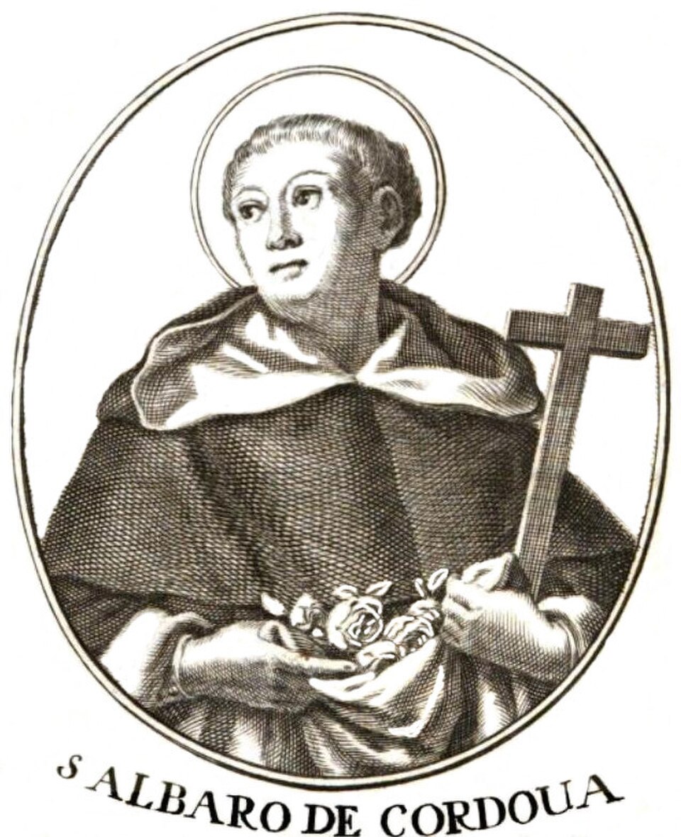 Grabado del beato Álvaro de Córdoba con hábito dominico, aureola, una cruz y rosas en las manos