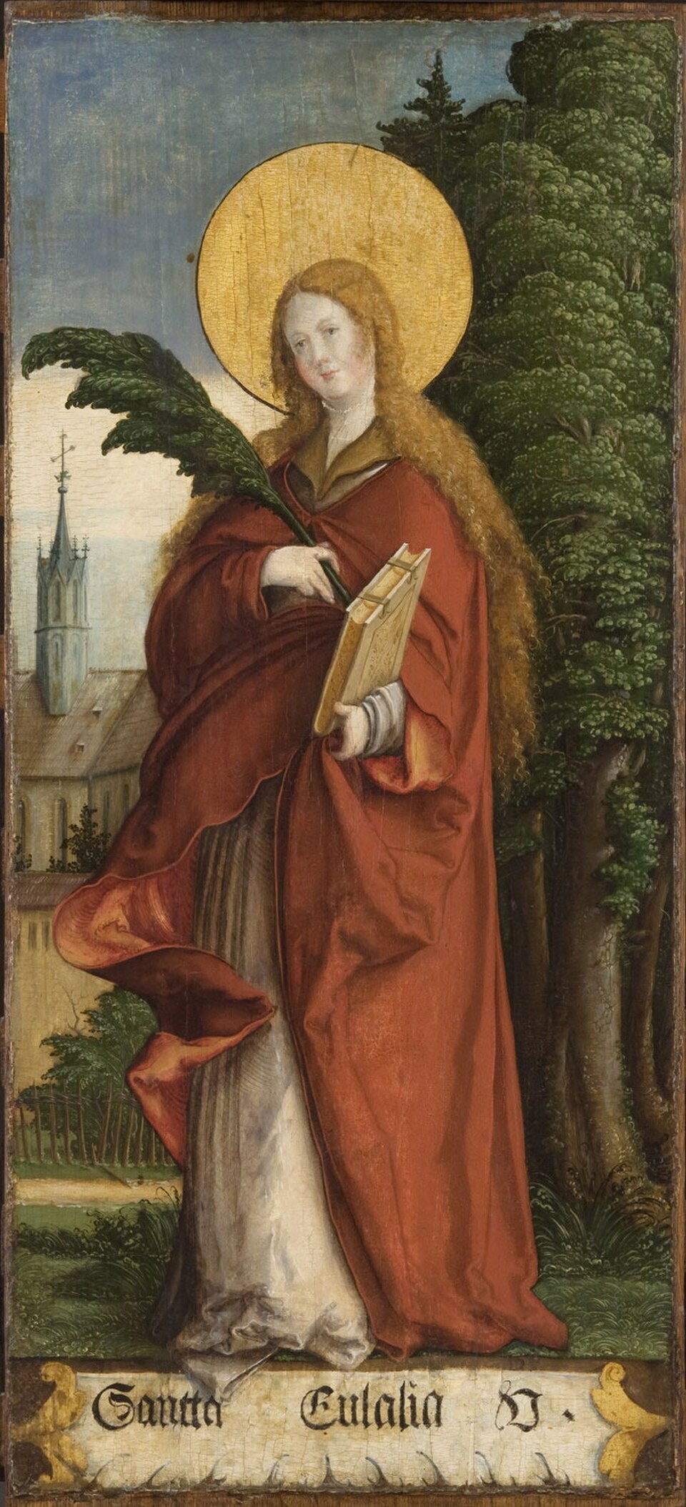 Pintura de santa Eulalia con aureola dorada, largo cabello rubio y manto rojo, sosteniendo una palma y un libro