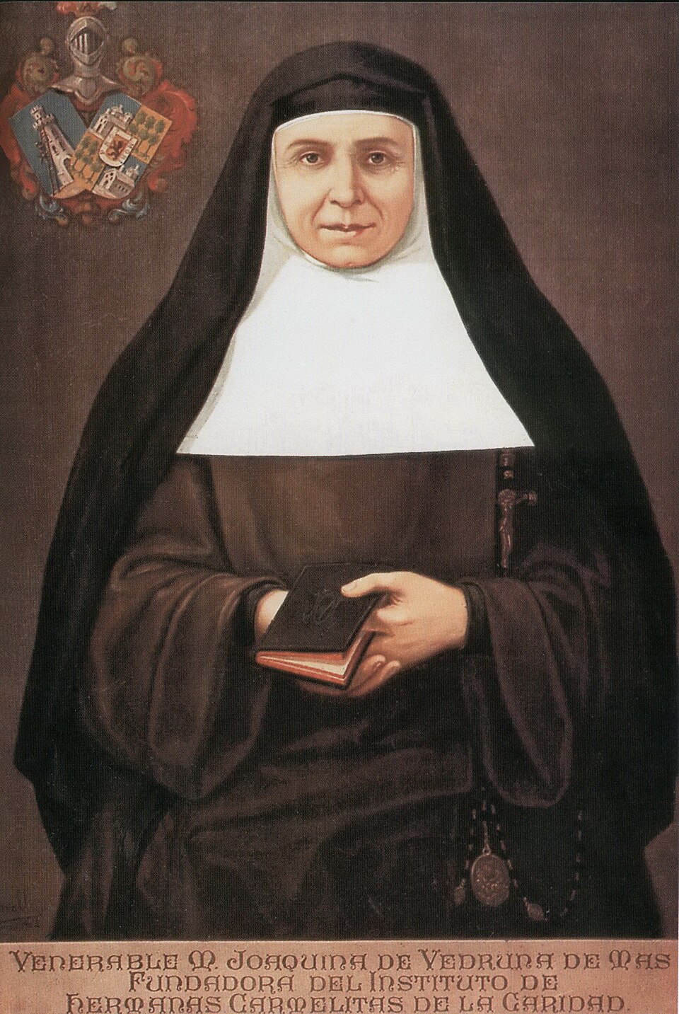 Retrato de santa Joaquina de Vedruna con hábito oscuro y toca blanca, sosteniendo un libro, junto a un escudo