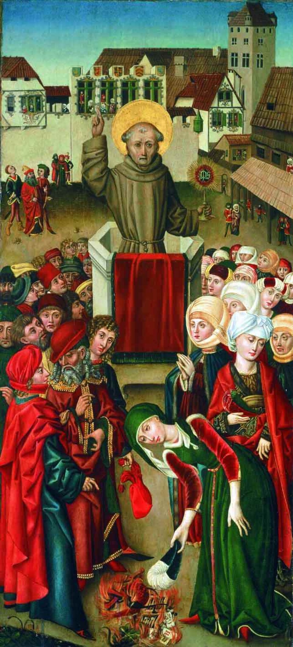 Pintura de san Juan de Capistrano con hábito franciscano predicando desde un púlpito ante una multitud en una plaza