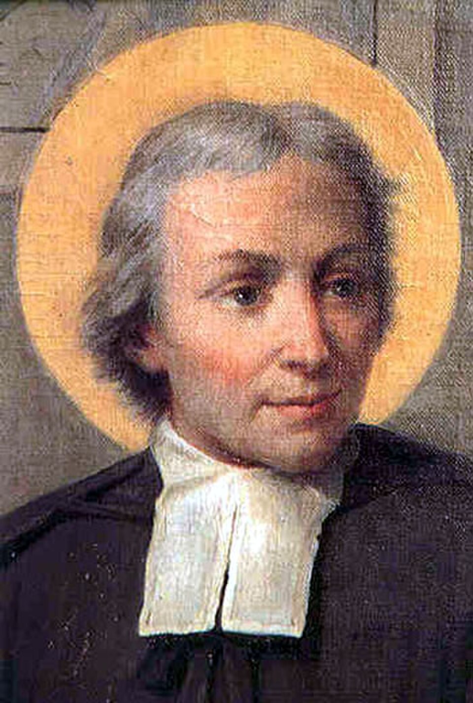 Pintura de san Juan Bautista de la Salle con aureola dorada, cabello canoso, sotana negra y alzacuellos blanco
