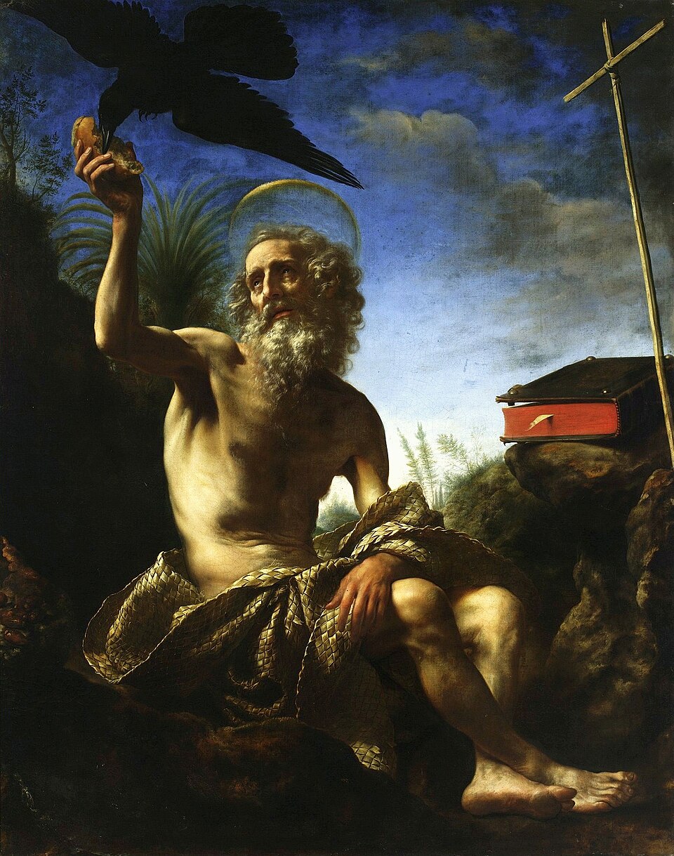 Pintura de san Pablo ermitaño, anciano barbado con aureola, recibiendo pan de un cuervo junto a una cruz