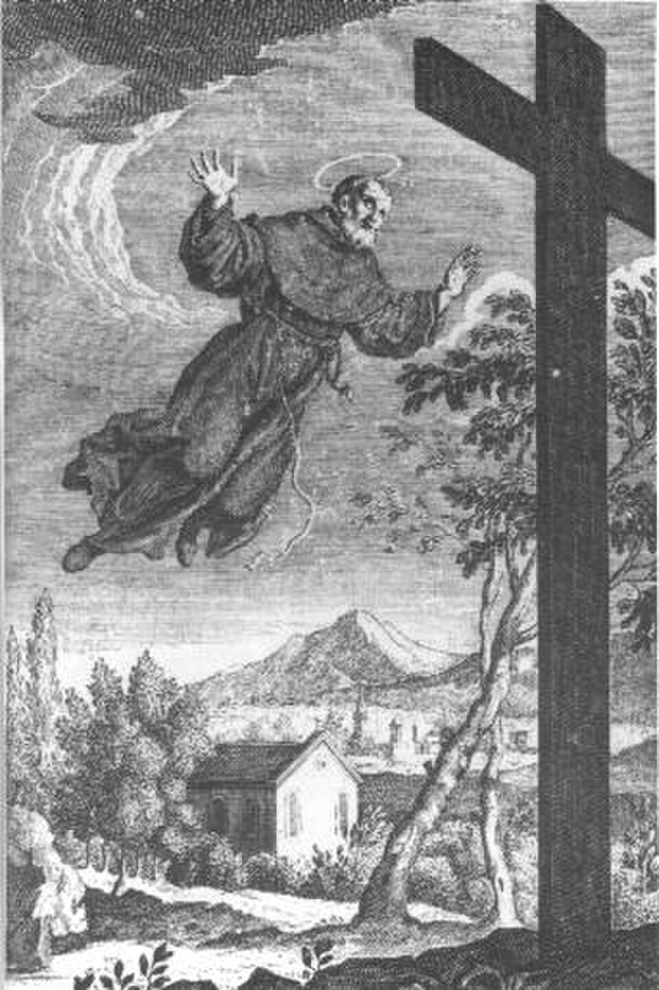 Grabado de san José de Cupertino con hábito y aureola, elevándose en el aire junto a una gran cruz