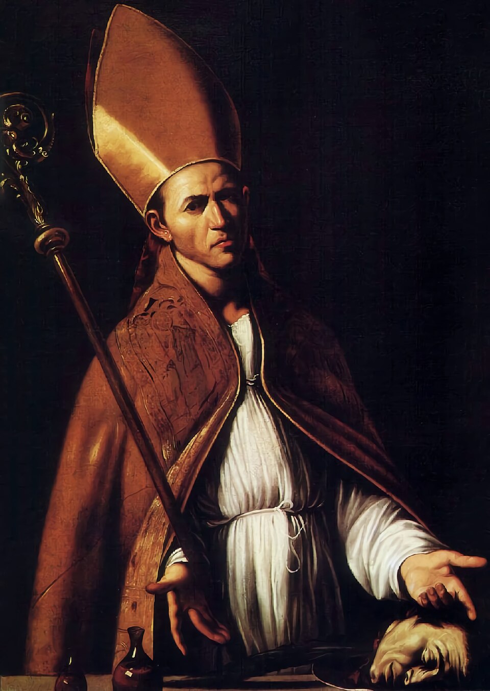 Pintura de san Jenaro con mitra, báculo y capa dorada, junto a dos ampollas y una cabeza sobre la mesa