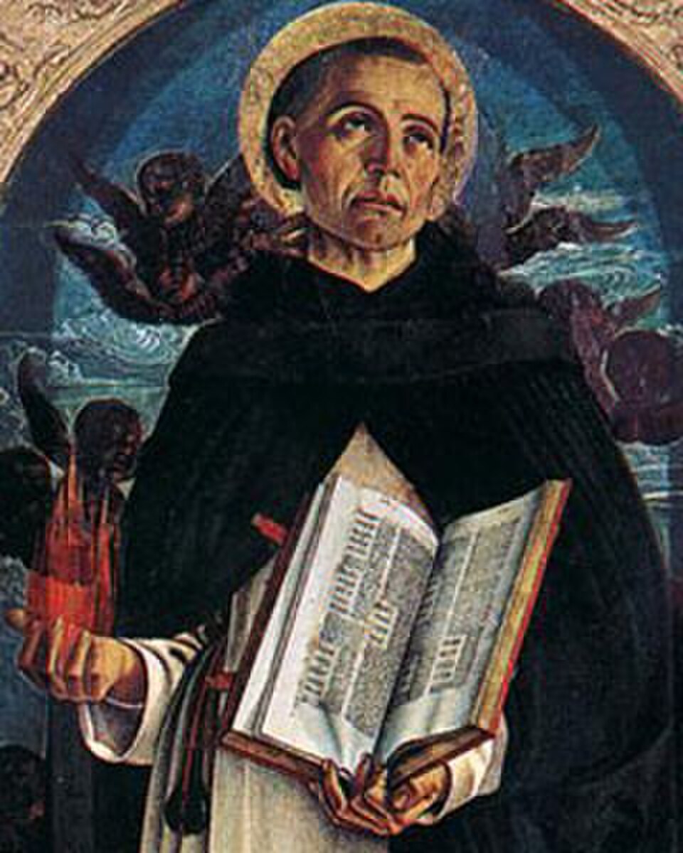 Pintura de san Vicente Ferrer con hábito dominico blanco y negro, aureola y un libro abierto entre las manos