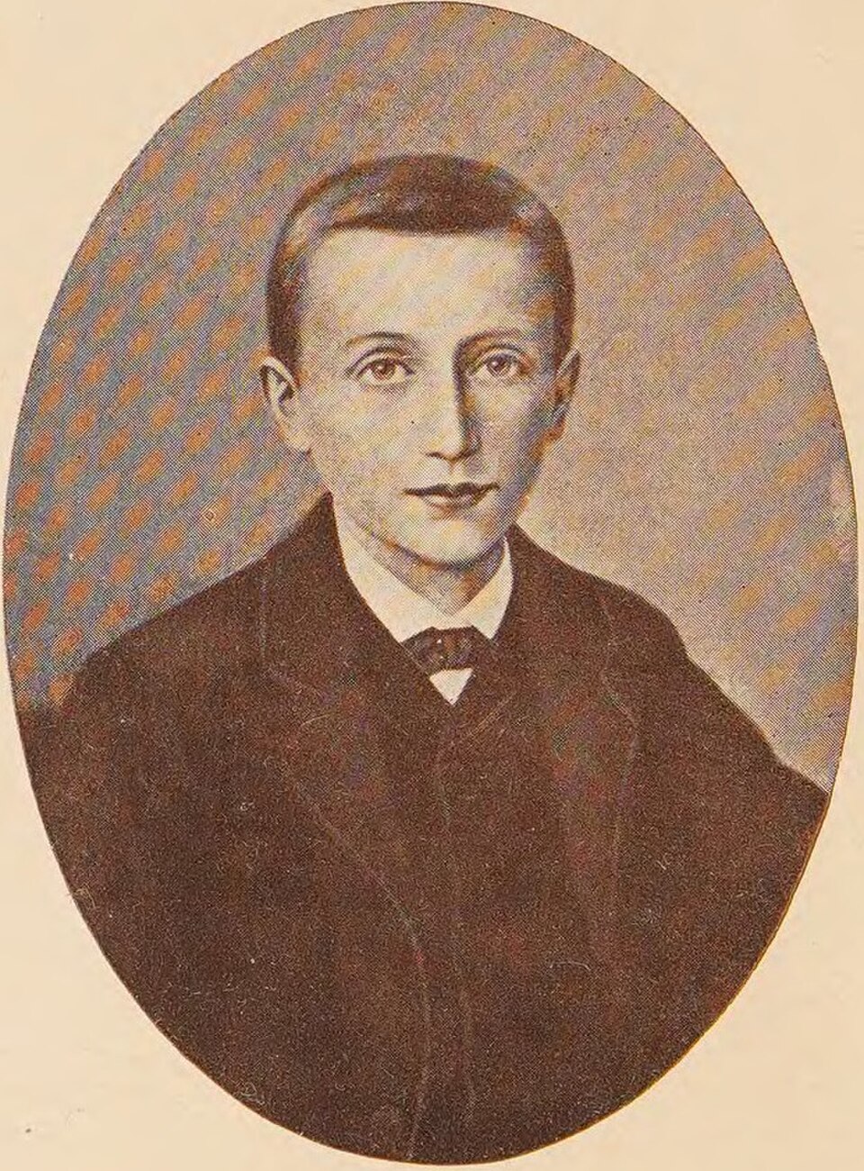 Retrato antiguo en óvalo de santo Domingo Savio adolescente, con chaqueta oscura y pajarita