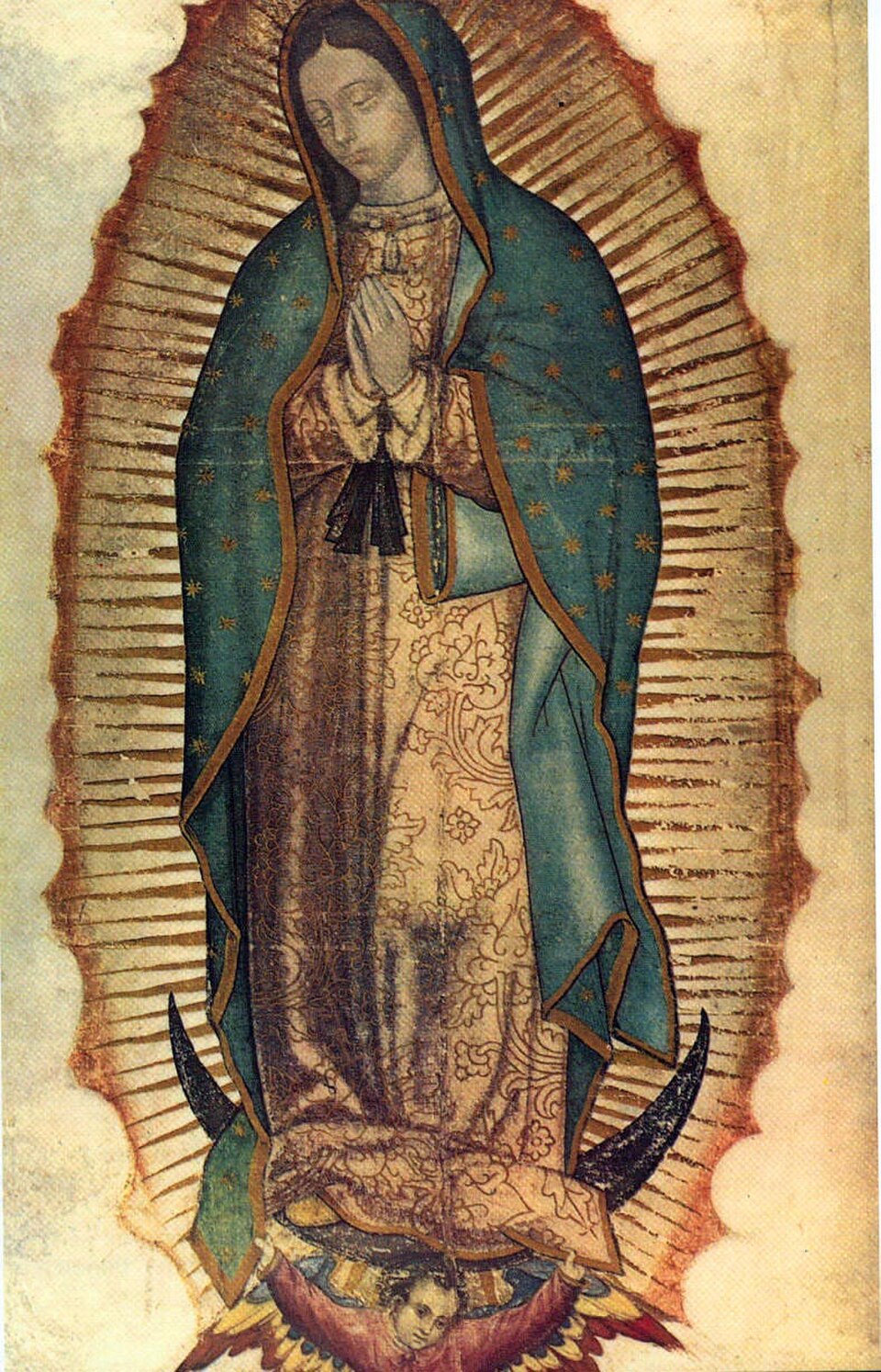 Imagen de Nuestra Señora de Guadalupe con manto verde estrellado, manos juntas, rayos dorados y un ángel a sus pies
