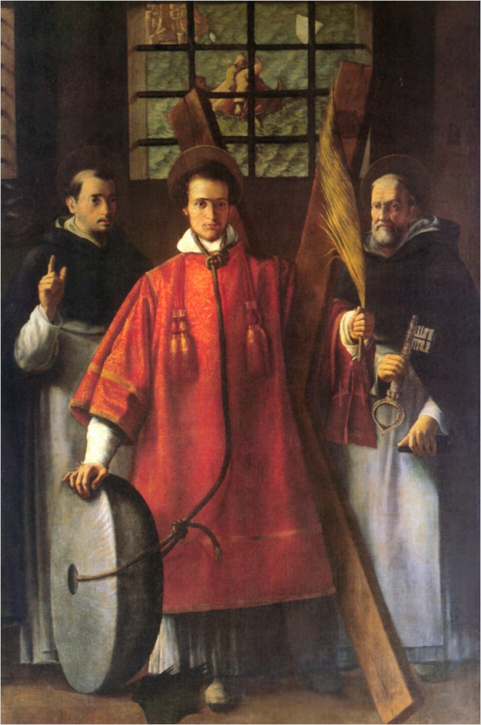 Pintura de san Vicente diácono con dalmática roja, palma, cruz de madera y rueda de molino, entre dos frailes dominicos